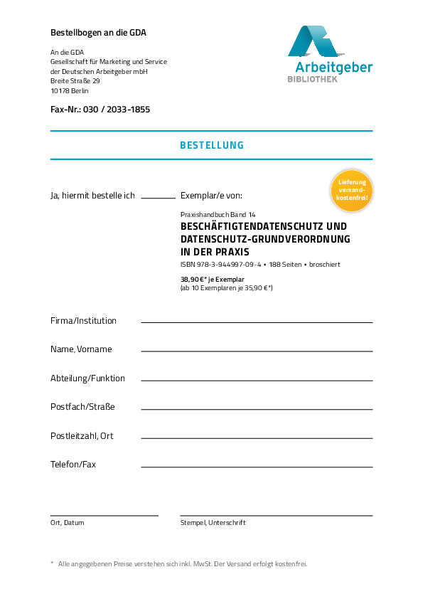 Anlage 14 - Bestellschein „Beschäftigtendatenschutz und Datenschutz-Grundverordnung in der Praxis“ 
