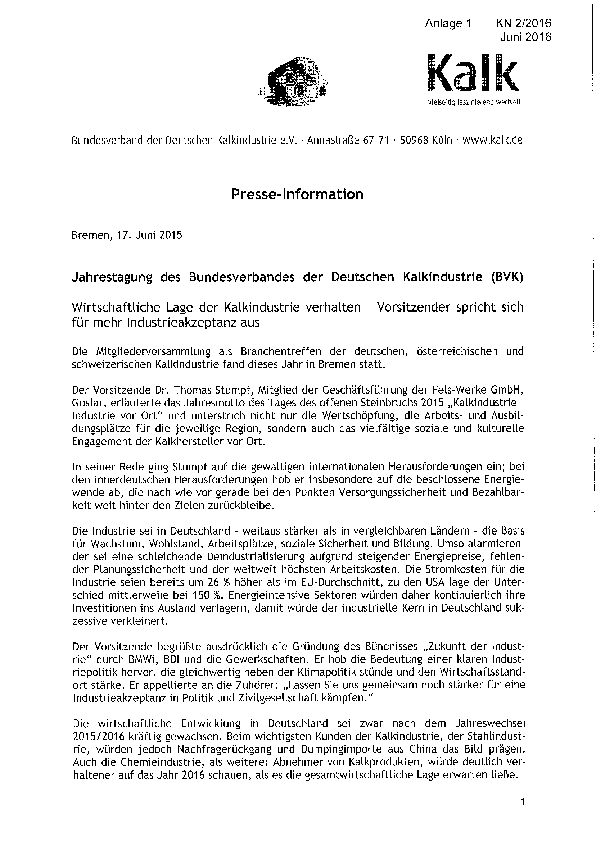 Anlage 1 - Presse-Information: Jahrestagung des Bundesverbandes der Deutschen Kalkindustrie e.V. (BVK) 