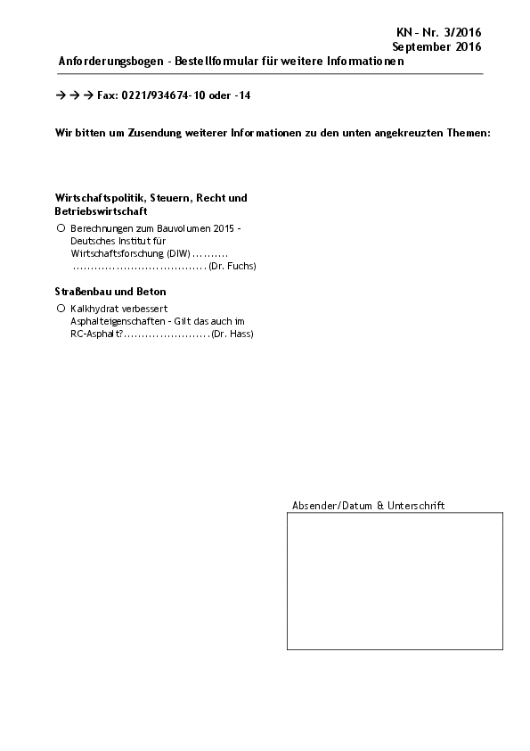 Bestellschein für weitergehende Informationen