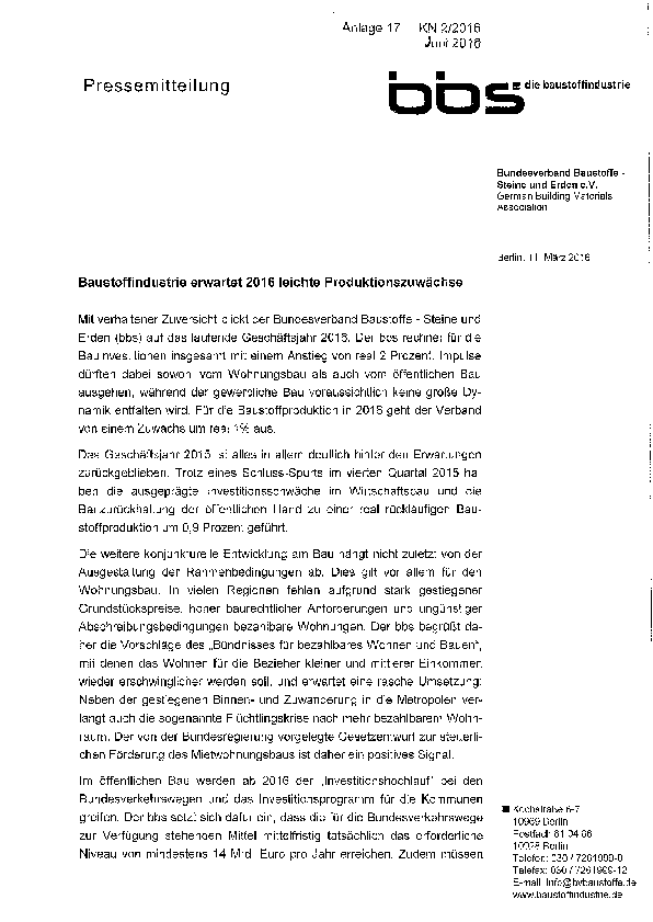 Anlage 17 - Baustoffindustrie erwartet 2016 leichte Produktionszuwächse 