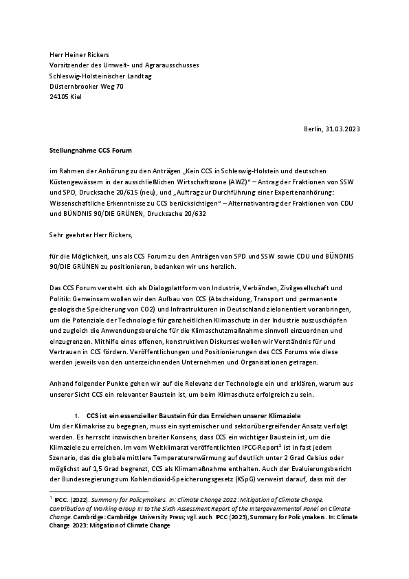 2023_04 Stellungnahme CCS-Forum zu CCS in Schleswig-Holstein