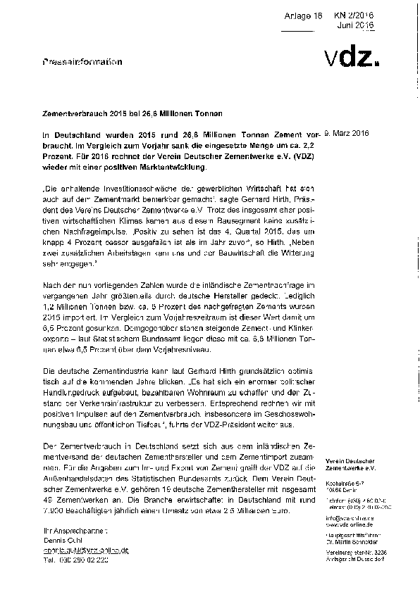 Anlage 18 - Zementverbrauch2015 bei 26,6 Millionen Tonnen