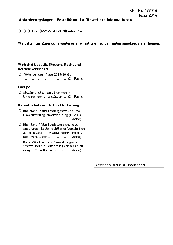 Bestellschein für weitergehende Informationen
