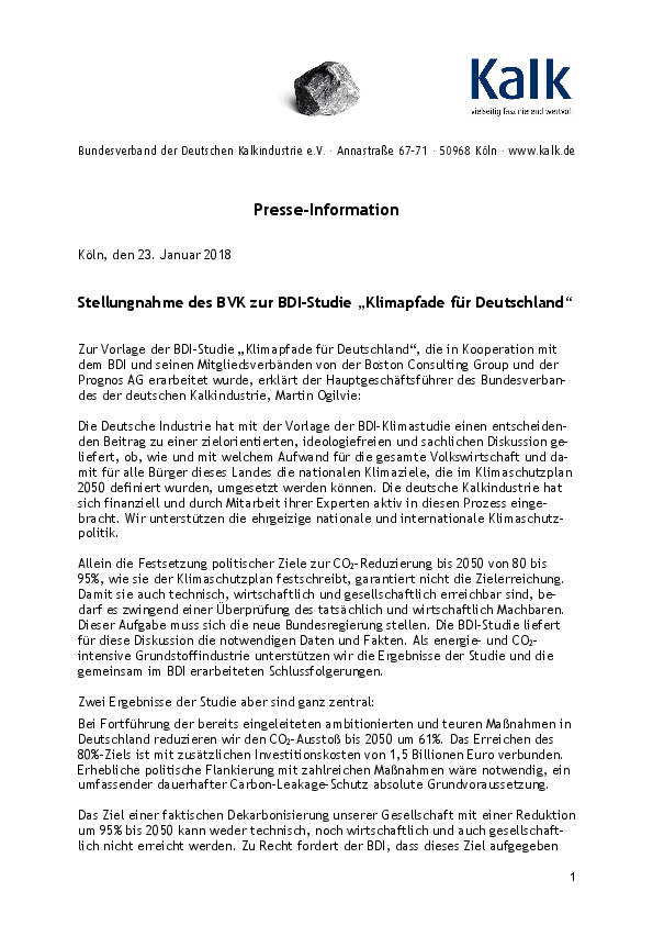 Anlage 1 - Stellungnahme des BVK zur BDI-Studie „Klimapfade für Deutschland“ 